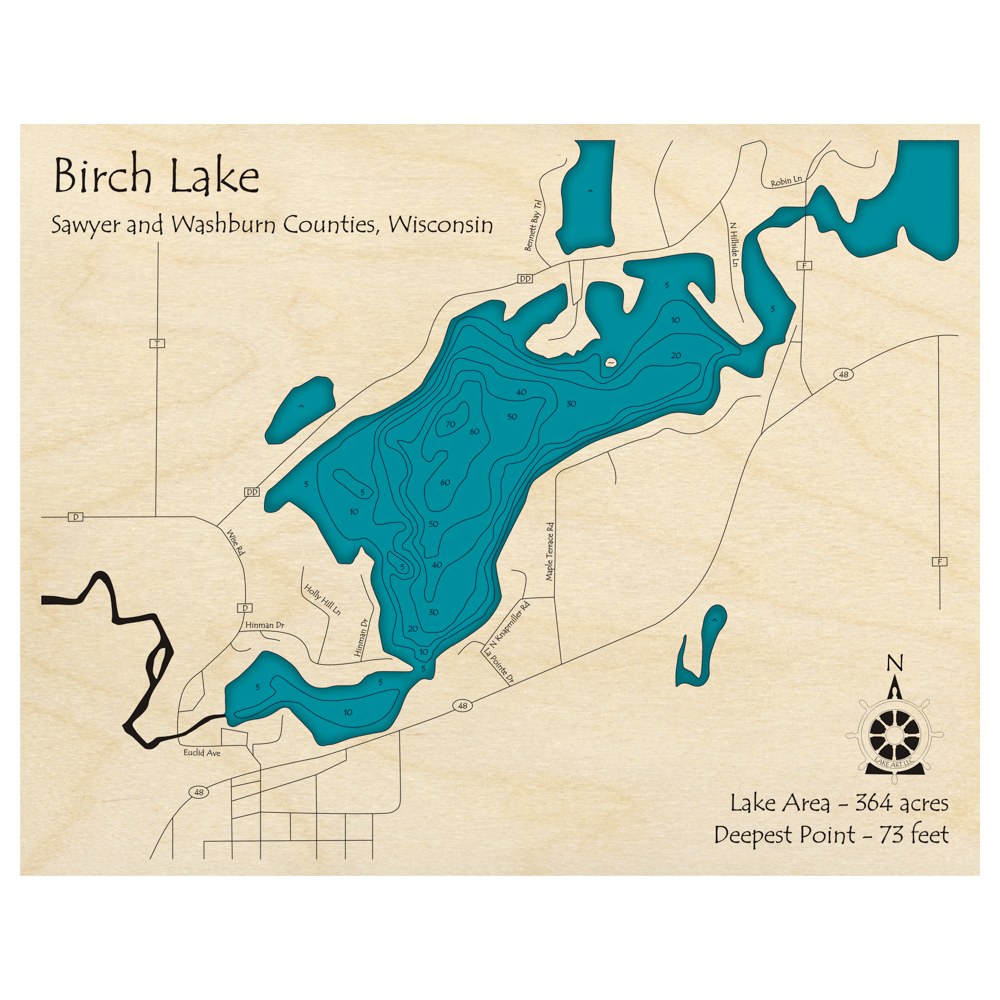 Bathymetric topo map of Birch Lake, WI with roads, towns and depths noted in blue water.