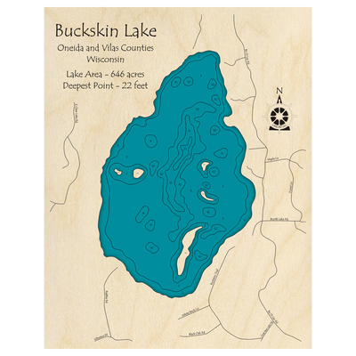 Bathymetric topo map of Buckskin Lake, WI with roads, towns and depths noted in blue water.
