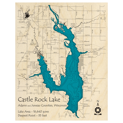 Bathymetric topo map of Castle Rock Lake, WI with roads, towns and depths noted in blue water.