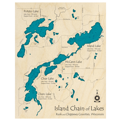Bathymetric topo map of Island Chain of Lakes, WI with roads, towns and depths noted in blue water.