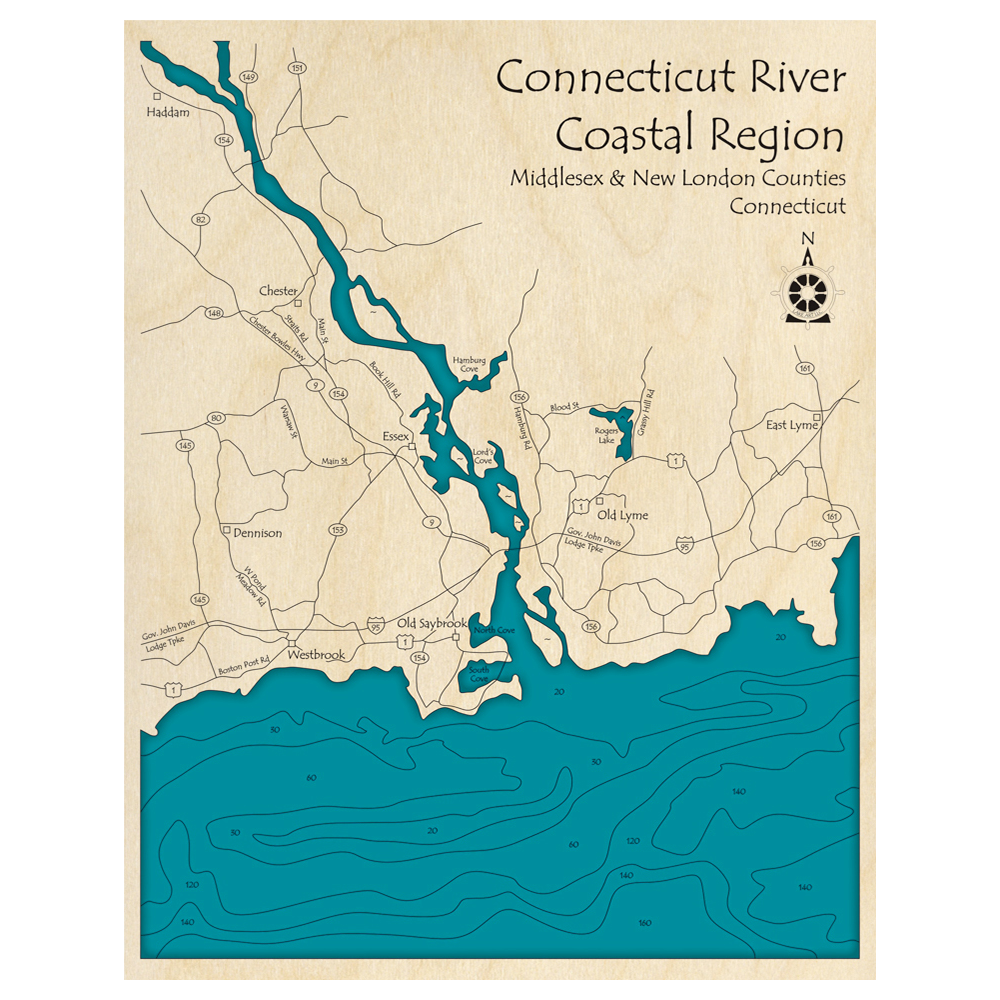 Bathymetric topo map of Connecticut River - Coastal Region, CT with roads, towns and depths noted in blue water.