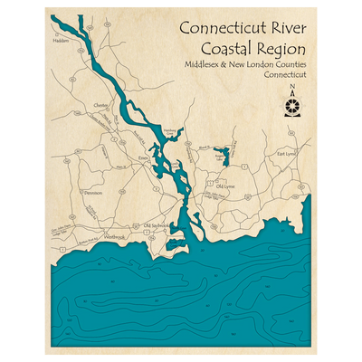Bathymetric topo map of Connecticut River - Coastal Region, CT with roads, towns and depths noted in blue water.