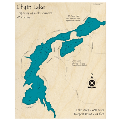 Bathymetric topo map of Chain Lake, WI with roads, towns and depths noted in blue water.
