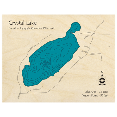 Bathymetric topo map of Crystal Lake, WI with roads, towns and depths noted in blue water.