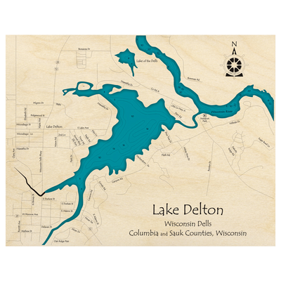 Bathymetric topo map of Lake Delton, WI with roads, towns and depths noted in blue water.