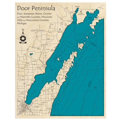 Bathymetric topo map of Door County Area, WI with roads, towns and depths noted in blue water.