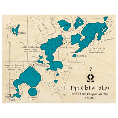 Bathymetric topo map of Eau Claire Lakes, WI with roads, towns and depths noted in blue water.