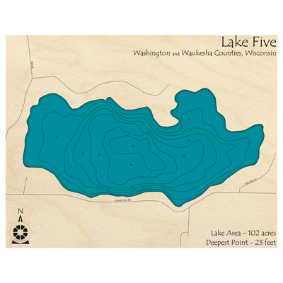 Bathymetric topo map of Lake Five, WI with roads, towns and depths noted in blue water.