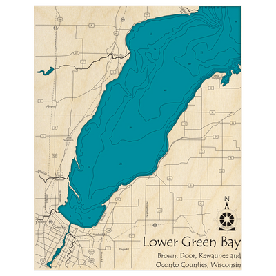 Bathymetric topo map of Lower Green Bay, WI with roads, towns and depths noted in blue water.