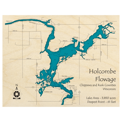Bathymetric topo map of Holcombe Flowage, WI with roads, towns and depths noted in blue water.