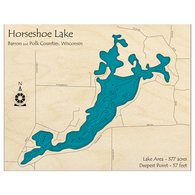 Bathymetric topo map of Horseshoe Lake, WI with roads, towns and depths noted in blue water.