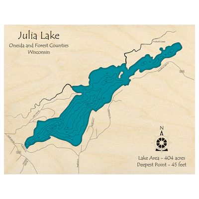 Bathymetric topo map of Julia Lake, WI with roads, towns and depths noted in blue water.
