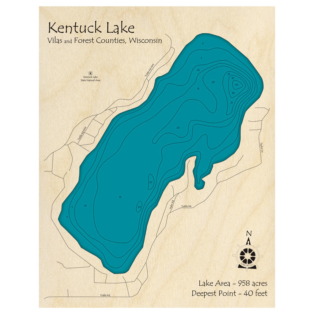 Bathymetric topo map of Kentuck Lake, WI with roads, towns and depths noted in blue water.