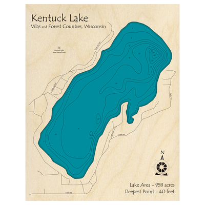 Bathymetric topo map of Kentuck Lake, WI with roads, towns and depths noted in blue water.