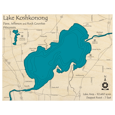 Bathymetric topo map of Lake Koshkonong, WI with roads, towns and depths noted in blue water.