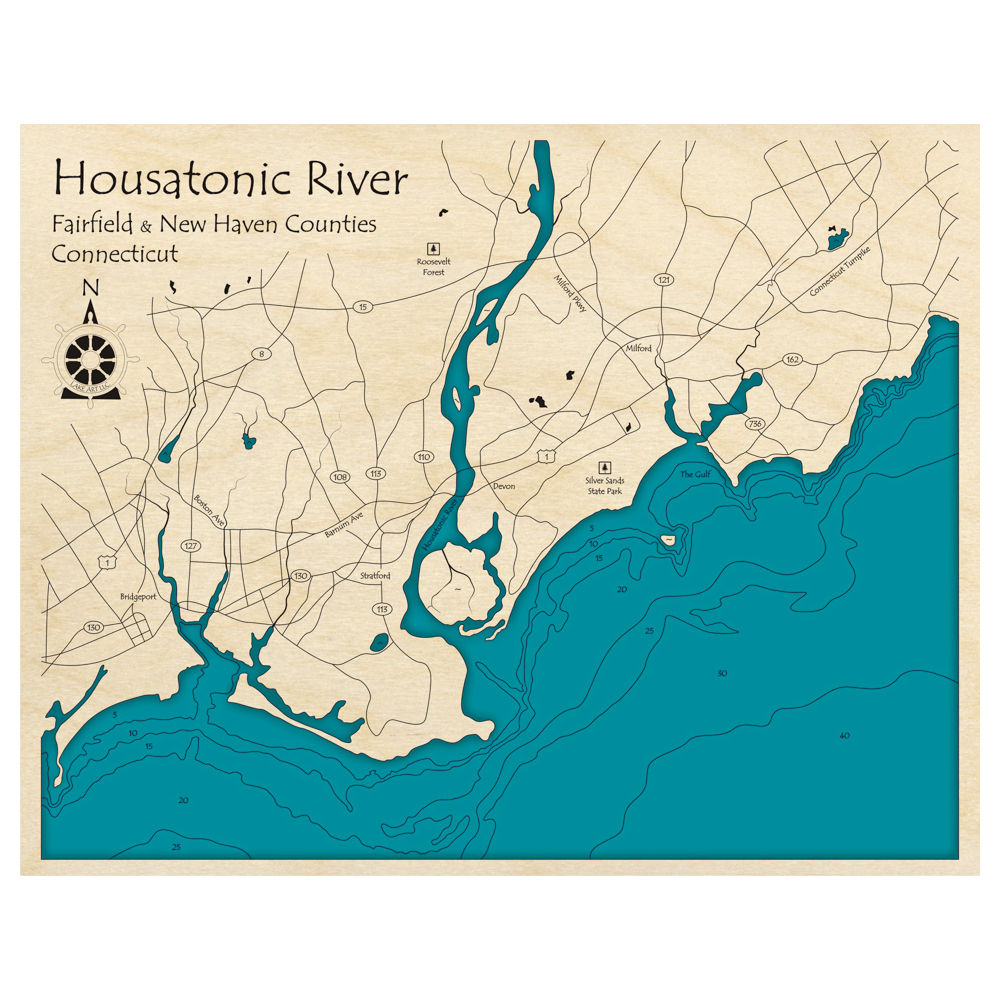 Bathymetric topo map of Mouth of the Housatonic River, CT with roads, towns and depths noted in blue water.
