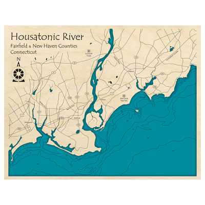 Bathymetric topo map of Mouth of the Housatonic River, CT with roads, towns and depths noted in blue water.