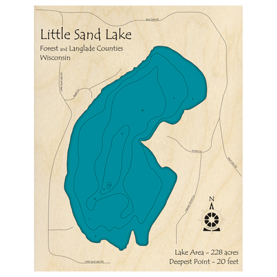 Bathymetric topo map of Little Sand Lake, WI with roads, towns and depths noted in blue water.