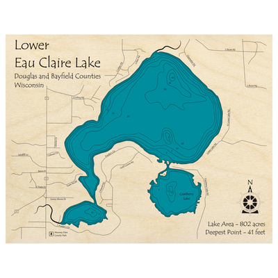 Bathymetric topo map of Lower Eau Claire Lake, WI with roads, towns and depths noted in blue water.
