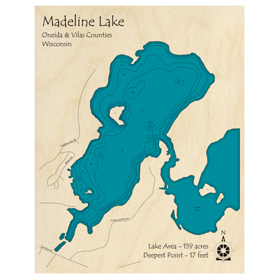 Bathymetric topo map of Madeline Lake, WI with roads, towns and depths noted in blue water.