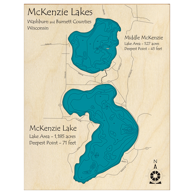 Bathymetric topo map of McKenzie Lake with Middle McKenzie Lake, WI with roads, towns and depths noted in blue water.