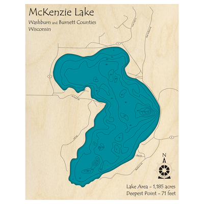 Bathymetric topo map of McKenzie Lake, WI with roads, towns and depths noted in blue water.