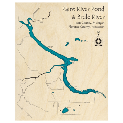 Bathymetric topo map of Paint River Pond and Brule River (MI, WI) with roads, towns and depths noted in blue water.