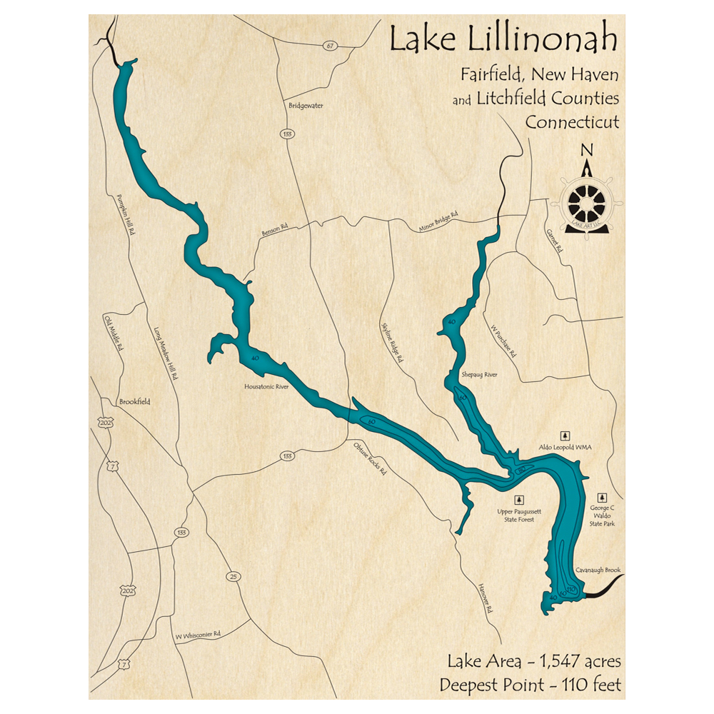 Bathymetric topo map of Lake Lillinonah, CT with roads, towns and depths noted in blue water.