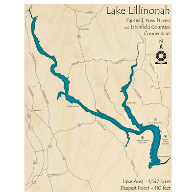 Bathymetric topo map of Lake Lillinonah, CT with roads, towns and depths noted in blue water.