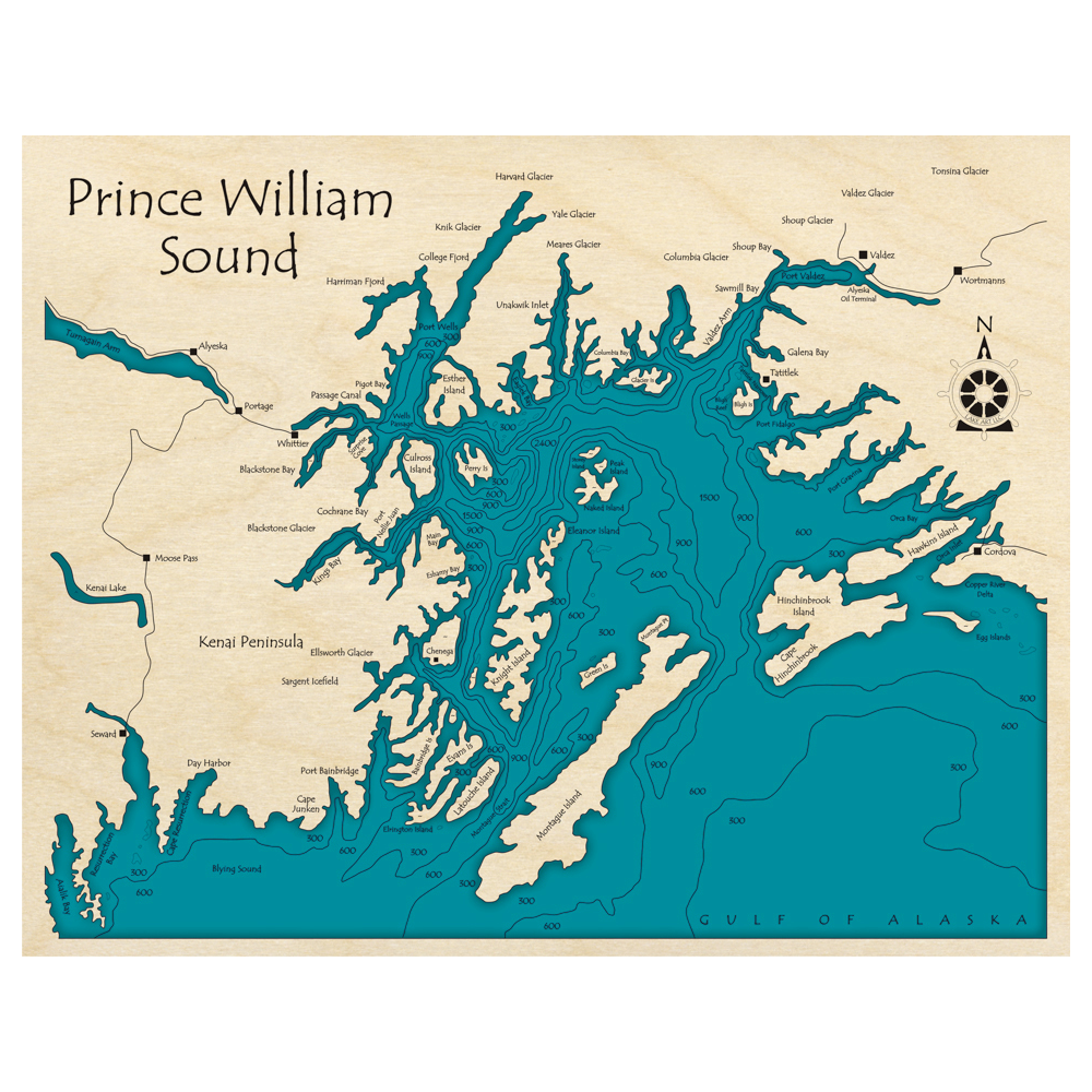 Bathymetric topo map of Prince William Sound, AK with roads, towns and depths noted in blue water.