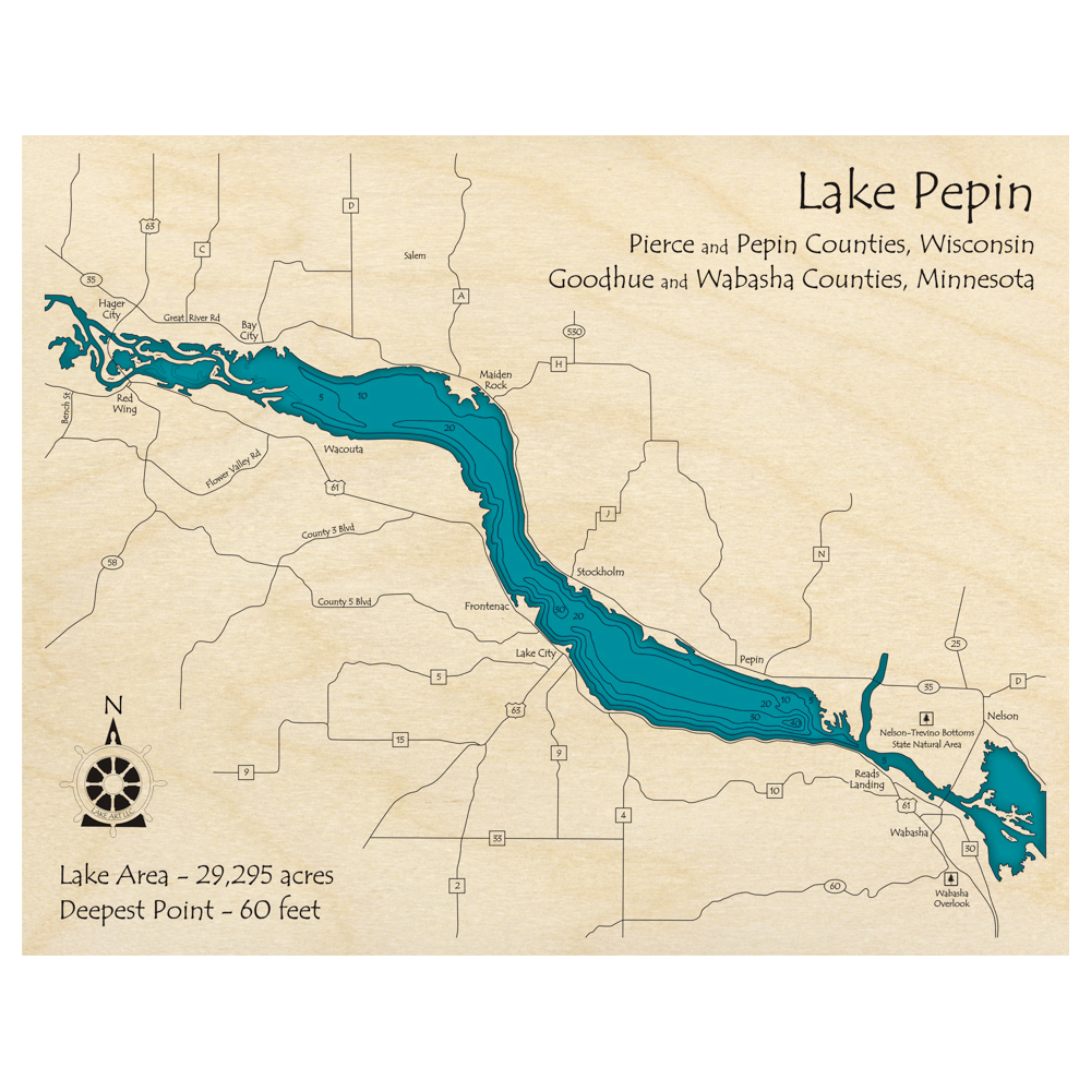 Bathymetric topo map of Lake Pepin (MN, WI) with roads, towns and depths noted in blue water.