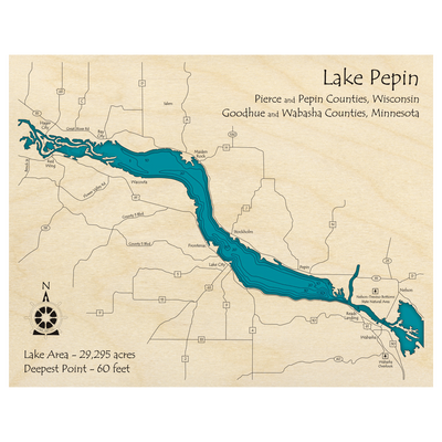 Bathymetric topo map of Lake Pepin (MN, WI) with roads, towns and depths noted in blue water.
