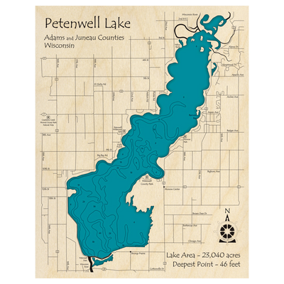 Bathymetric topo map of Petenwell Lake, WI with roads, towns and depths noted in blue water.