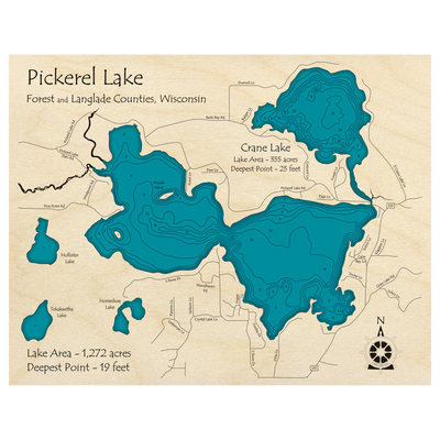 Bathymetric topo map of Pickerel Lake, WI with roads, towns and depths noted in blue water.