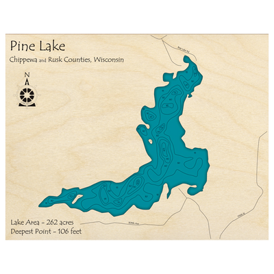 Bathymetric topo map of Pine Lake, WI with roads, towns and depths noted in blue water.
