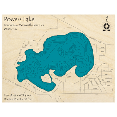 Bathymetric topo map of Powers Lake, WI with roads, towns and depths noted in blue water.