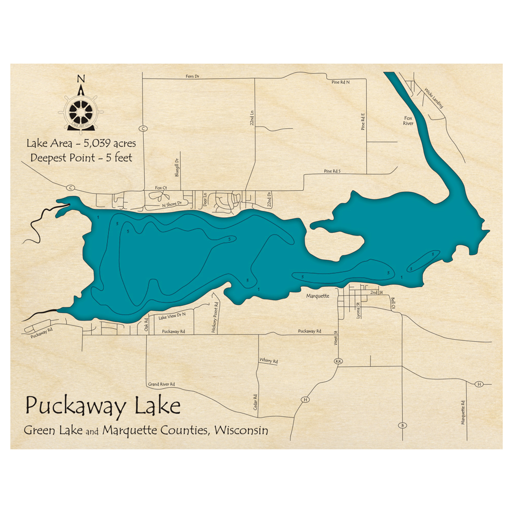 Bathymetric topo map of Puckaway Lake, WI with roads, towns and depths noted in blue water.