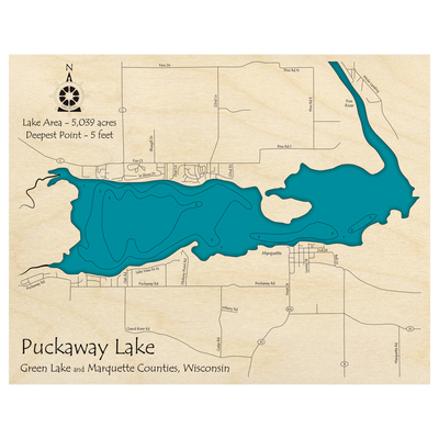 Bathymetric topo map of Puckaway Lake, WI with roads, towns and depths noted in blue water.