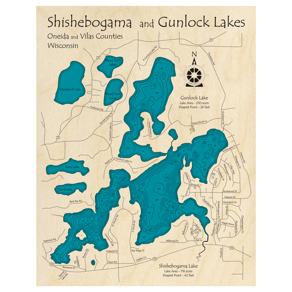 Bathymetric topo map of Shishebogama Lake, WI with roads, towns and depths noted in blue water.
