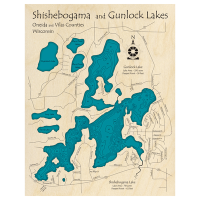 Bathymetric topo map of Shishebogama Lake, WI with roads, towns and depths noted in blue water.