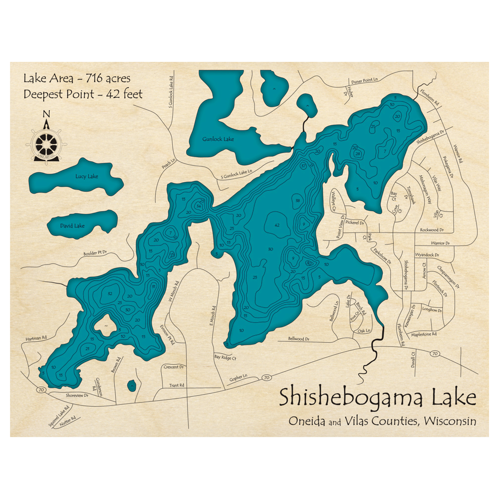Bathymetric topo map of Shishebogama Lake, WI with roads, towns and depths noted in blue water.