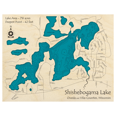 Bathymetric topo map of Shishebogama Lake, WI with roads, towns and depths noted in blue water.