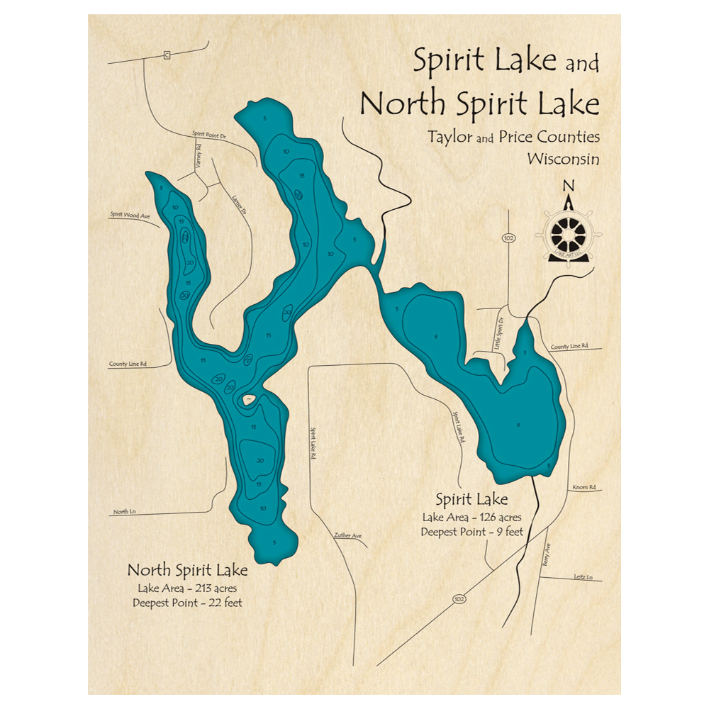 Bathymetric topo map of Spirit Lake, WI with roads, towns and depths noted in blue water.
