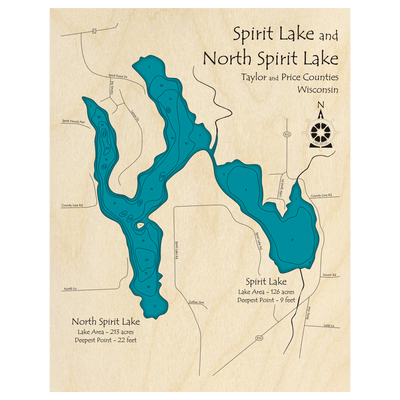 Bathymetric topo map of Spirit Lake, WI with roads, towns and depths noted in blue water.