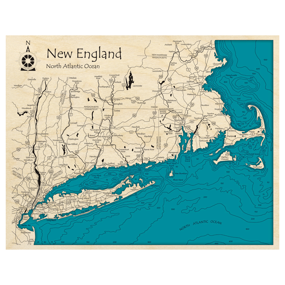 Bathymetric topo map of New England (CT, MA, NY, RI) with roads, towns and depths noted in blue water.