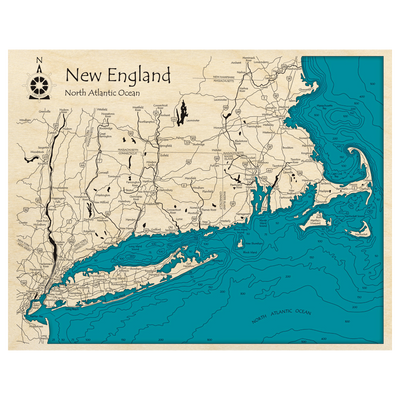 Bathymetric topo map of New England (CT, MA, NY, RI) with roads, towns and depths noted in blue water.