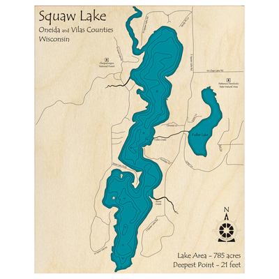 Bathymetric topo map of Squaw Lake, WI with roads, towns and depths noted in blue water.