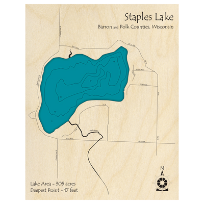 Bathymetric topo map of Staples Lake, WI with roads, towns and depths noted in blue water.