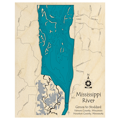 Bathymetric topo map of Mississippi River at Genoa and Stoddard (MN, WI) with roads, towns and depths noted in blue water.