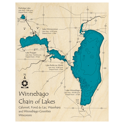 Bathymetric topo map of Winnebago Chain, WI with roads, towns and depths noted in blue water.